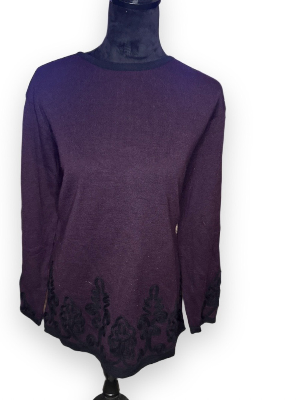 Dress Barn Plum Long Sleeve Knit Top with Black Embroidered Hem